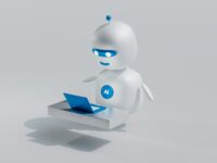 작은 노트북 앞에서 일하는 하얀 AI 로봇 캐릭터